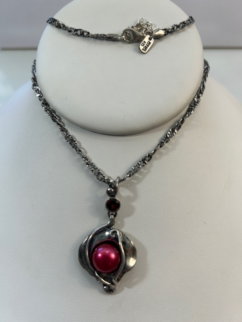 NWOT Passage To Israel Sterling Silver Genuine Pearl & Red Garnet Necklace